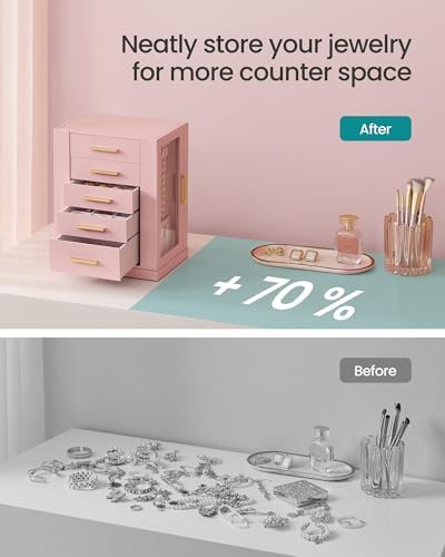SONGMICS Jewelry Box Organizer, 360° Rotating, 5 Drawers, Jelly Pink - Image 6