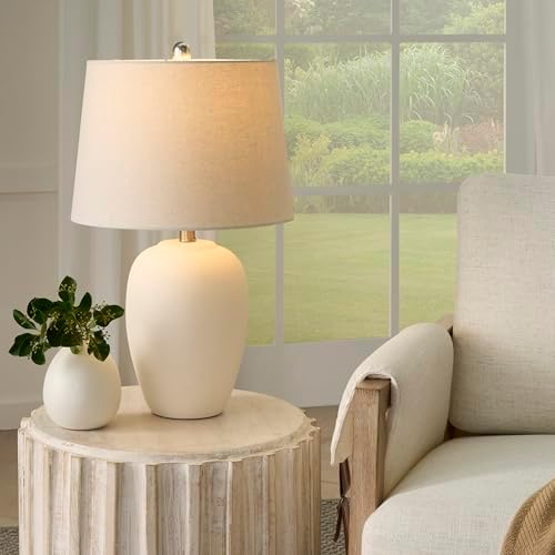 Nourison Home 23" Natural White Ceramic Jar Table Lamp for Bedroom, Living Room, Dining Office, with Off-White Shade - Image 3
