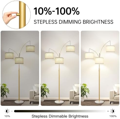 Dimmable Floor Lamp, 3 Lights Gold Arc Floor Lamp, Modern Tall Standing Tree Lamp with White Linen Shades & Marble Base, 3000LM LED Bulbs, Bright Lighting for Living Room, Bedroom, Office & Reading - Image 3