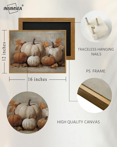 InSimSea Framed Canvas Wall Art Vintage Decor, Fall Pumpkin Wall Decor for Living Room Bedroom Bathroom, Rustic Autumn Still Life Paintings Prints, Halloween Desk Decorations, 12x16inch - Image 4