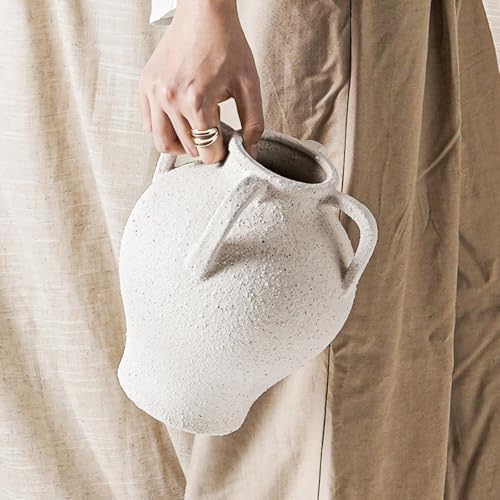 White Textured Ceramic Vase with 4 Handles, 8.8 Inch Flower Vase by LETAUCIGARDEN