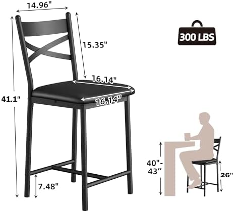 IDEALHOUSE 26" Bar Stools Set of 2, Counter Height Barstools with Back,Black - Image 3