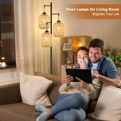 QIYIZM Floor Lamp for Living Room,Bedroom,Boho Rattan Tree 3 Lights Farmhouse Floor Lights,Industrial Black Standing Lamp Wicker Rustic Tall Lamp,Woven Bamboo LampShade Floor Lamps Bohemian - Image 3
