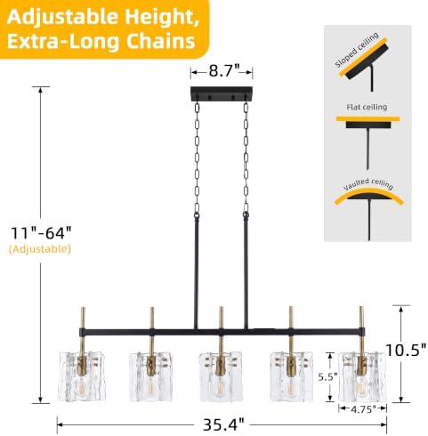 5-Light Rectangular Chandelier, 35in Black and Gold with Water Ripple Glass - Image 2