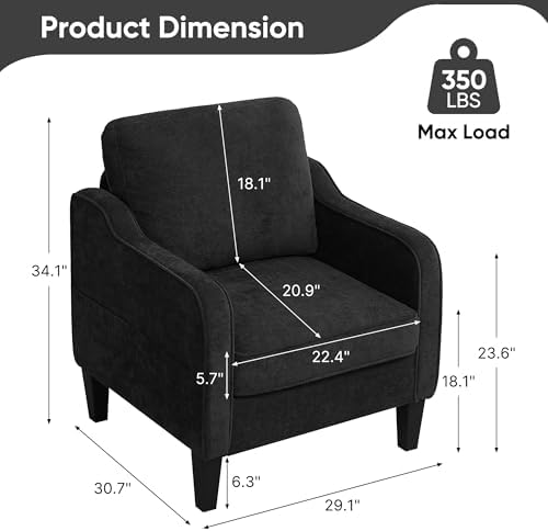 Accent Chair for Living Room, Mid Century Modern Reading Chair for Bedroom, Upholstered Armchair with Side Pockets, Comfy Single Sofa Side Chair for Office, Apartment, Small Room, Black - Image 2