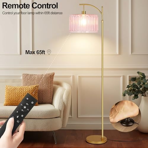 QIYIZM Pink Floor Lamp for Living Room,Bedroom,Gold Dimmable Standing Lamp with Remote,Mid Century Modern Brass Tall Lamp Boho Floor Lamps Arc Stained Glass Flower Floor Light Lamp Girls kids Bohemian - Image 4
