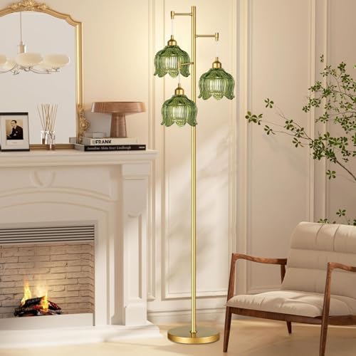 Vintage Floor Lamps for Living Room Bedroom-3 Light Gold Floor Lamp with Glass Lampshape, Flower Green Tall Lamp Mid Century Modern Standing Lamp Tree Floor Lamp for Bedroom Living Room Corner - Image 5