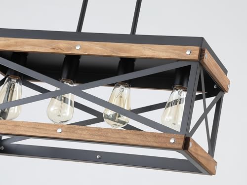 Rustic Farmhouse Wood Kitchen Island Lighting, 4 Lights Rectangular Pendant Light Fixture, Adjustable Chain Oak Wood and Metal Linear Chandelier for Dining Room Kitchen Island Farmhouse, Black - Image 5