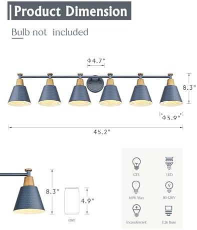 FEMILA Vintage Bathroom Light Fixtures, 45.3" Vanity Lighting Fixtures Over Mirror, 6 Light Vanity Light, Blue Finish, 4FG59B-6W Blue - Image 2