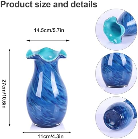 10.6in Hand Blown Blue Glass Vase – Wide Mouth Murano Bubble Art Glass Vase, Cobalt Blue Flower Vase for Coastal, Vintage, Colorful Home Decor, Vase Gift for Mom or Display (Blue) - Image 2