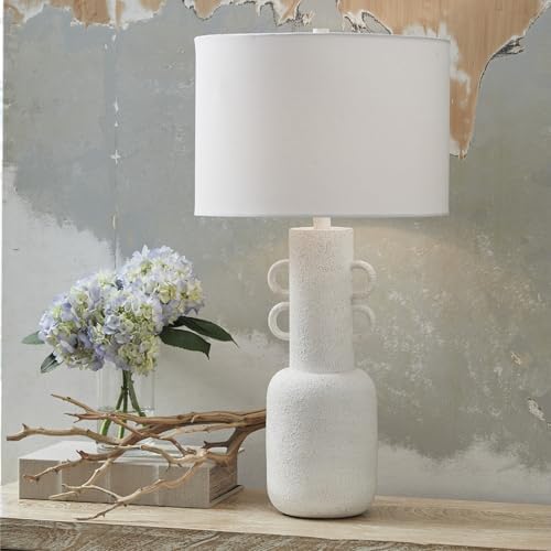 Signature Design by Ashley Perringhill Table Lamp, 31" Tall Sculptural Metal Base, Fabric Drum Shade, 3-Way Switch, Transitional Decor for Bedroom and Living Room, Distressed White - Image 2