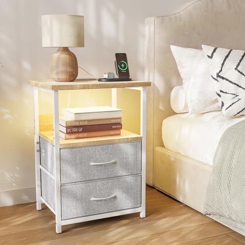 Fixwal Night Stand with Charging Station, Led Nightstand, 2 Fabric Drawers - Image 5