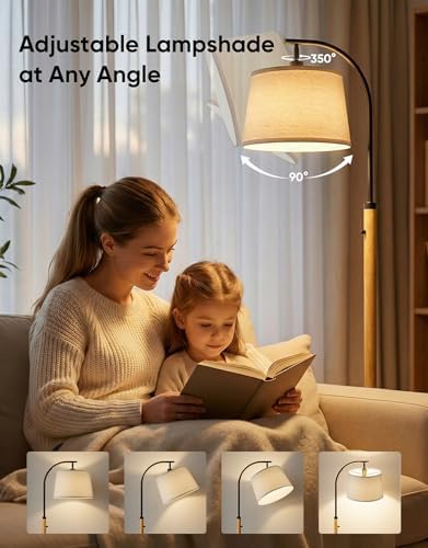 Dimmable Floor Lamp for Living Room, 65" Tall Metal Standing Lamp with LED Bulb, Mid Century Modern Arc Floor Lamp with Linen Shade for Bedroom, Reading Room, Office & Nursery, Black&Natural Color - Image 6
