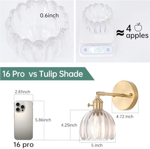 Shenmoyl Vintage Wall Sconces Set of 2 with Transparent Tulip Glass Lampshade 180 Degree Adjustable Brass Sconces Hradwired Modern Wall Lighting Fixture with Switch for Bedside Bedroom Doorway - Image 3