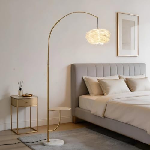 Arc Floor Lamp with Side Table, White Feather 3 Color Temperature Standing Light, Modern Minimalist Reading Lamp for Living Room Bedroom Sofa Bedside - Image 3