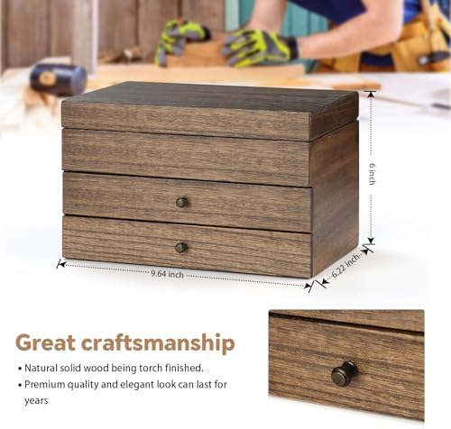 Meangood Jewelry Box Organizer for Women, 3 Layer Large Jewelry Storage Case, Rustic Wooden Jewelry Box with Mirror & Ring Tray for Necklace Earring Bracelets Rings, Vintage Style (Walnut) - Image 4