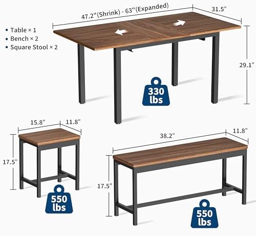 GarveeHome 5-Piece Dining Table Set for 4-8 People, 63 in Large Extendable Kitchen Table Set with 2 Benches and 2 Square Stools, Modern Dining Room Furniture Sets, Easy Assembly, Espresso - Image 3