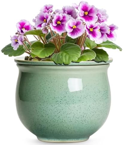 Ceramic Self Watering Pots, 6 Inch African Violet Pots with Absorbent Inner Pot, Round Self Watering Planter for Indoor Plants, Ceramic Pot for Plants, House Decor, Gifts for Women Men, Green by Teagas