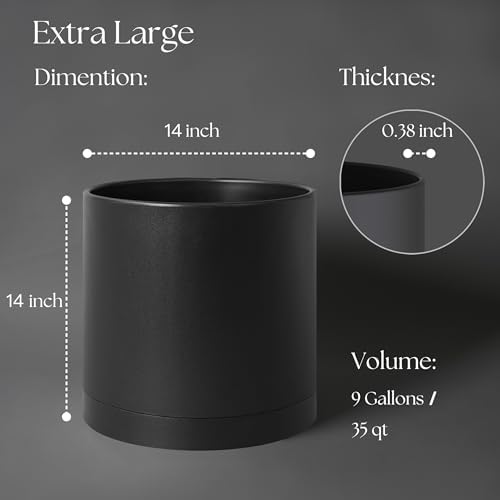 Giraffe Creation 14 Inch Cylinder Plant Pot, Modern Round Planter with Drainage Holes and Saucer, Durable Plastic Flower Pot for Indoor Outdoor Plants, Black - Image 3