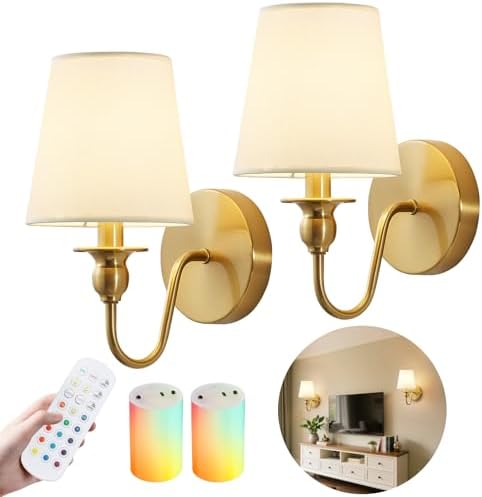 Battery Operated Wall Sconces set of Two,Wireless Wall Sconces with 10000mAh Dimmable Bulb and Remote,LED 15 Colors Rechargeable Gold Wall Sconce with Fabric for Bedroom Living Room Hallway Wall Decor by Nuanshued