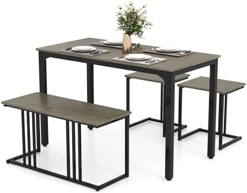 Giantex 4-Piece Dining Table Set for 4, Modern Kitchen Table and Chairs, Nesting Furniture Set with Bench & 2 Stools, Space-Saving Desk Set, Dinette Set for Small Place, Dining Room Restaurant (Grey) by Giantex