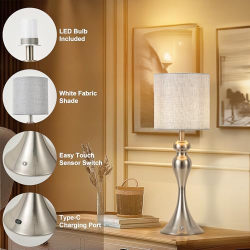 Cordless Table Lamp Rechargeable, Battery Fabric Bedside Touch Light Nickel - Image 6