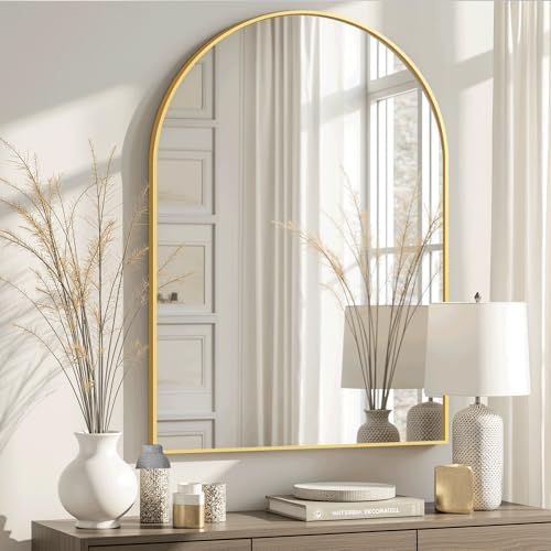 Arched Bathroom Mirror for Wall, 38" x 26" Metal Frame Vanity Mirror, Gold by TRAHOME
