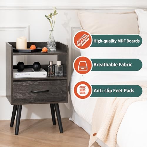 Yoobure Night Stand with Fabric Drawer, Modern Nightstand, Bedside Tables, Mid Century Nightstands with Open Storage Shelf, Wood Bedside Table, Small Night Stands for Bedrooms, 2-Tier Night Table - Image 3