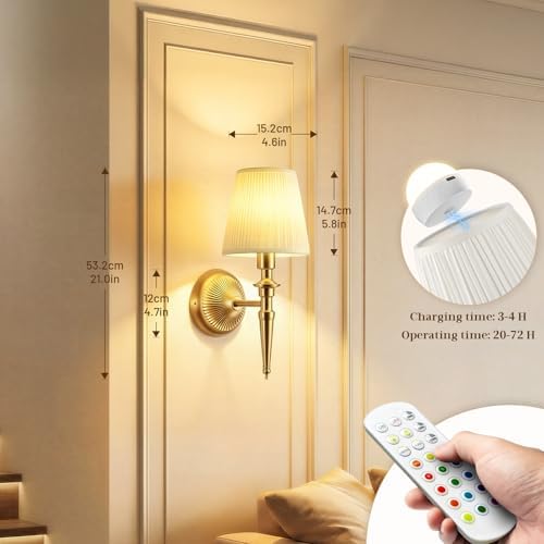 Battery Operated Wall Sconces Set of 2, Wireless Rechargeable Wall Lights with 12 RGB Colors and 3CCT Dimmable, Small Fabric LED Wall Lamps for Bedroom, Living Room, Hallway, Gold - Image 5