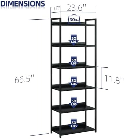 NUMENN Bookshelf, 6 Tier Freestanding Shelving Unit, Black - Image 3
