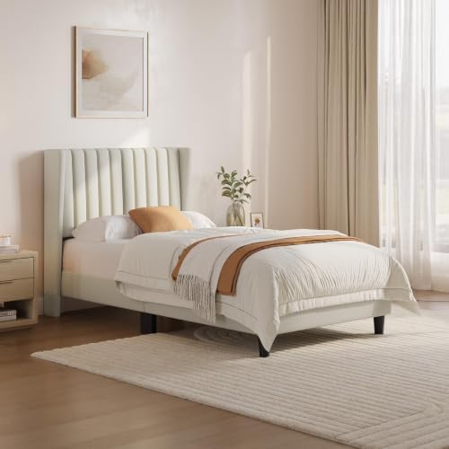 Yaheetech Twin Bed Frame with Headboard,Ivory Channel-Tufted Platform - Image 3