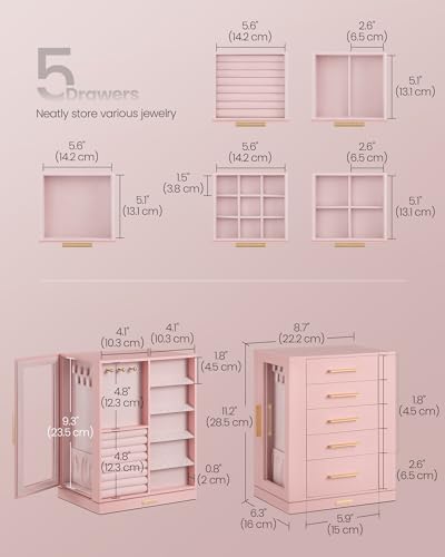 SONGMICS Jewelry Box Organizer, 360° Rotating, 5 Drawers, Jelly Pink - Image 4