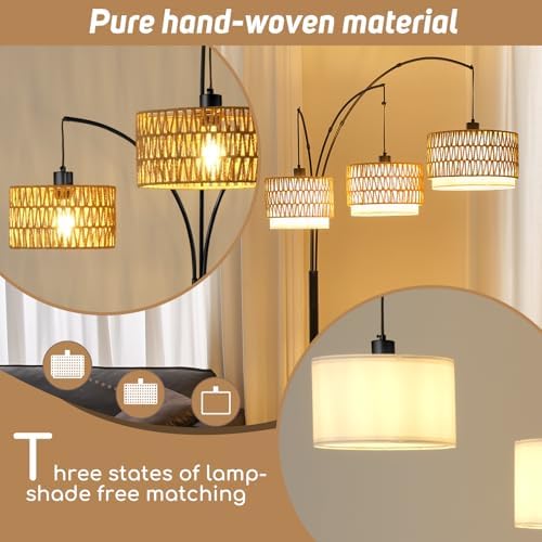 3-Light Arc Rattan Floor Lamp for Living Room,80'' Boho Tree Lamp - Image 6