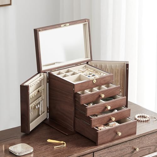 CHOSIN Black Walnut Wooden Jewelry Box for Women with Mirror, 5 Drawers and 2 Side Doors for Watches, Necklaces, Rings, Earrings Storage, Ideal Gift for Her - Image 2