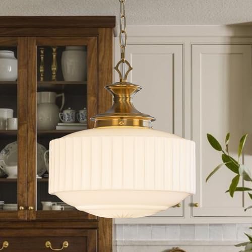 Vintage Brass Milk Glass Pendant Light Fixture, 13.8" White Pleated Glass Chandelier, Antique Pendant Lights, for Kitchen Island Lighting, Hallway, Bedroom, Dining Room, Foyer, E26 Bulb Included by Ifyoulikepleasefollowus