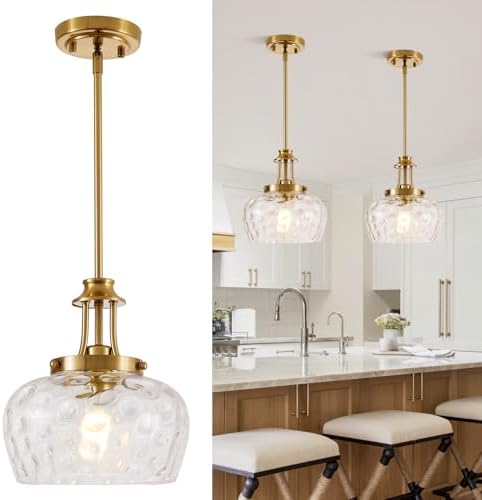 Modern Pendant Lights Kitchen Island, Brushed Gold Pendant Light Fixtures with 10" Clear Hammered Glass Shade, Industrial Hanging Pendant Lights Fixture for Kitchen Island Dining Room Bedroom Entryway by BringBrightnesstoYourLife