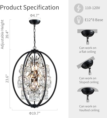 WUZUPS Globe Crystal Chandelier Raindrop Pendant Flushmount Ceiling Light Modern Lighting Fixture for Bedroom Hallway Bar Kitchen Bathroom, H 23.6" x W 19.7", Black, 8 E12 Base - Image 2
