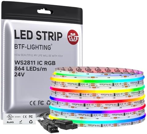 BTF-LIGHTING RGB WS2811 Smart IC FCOB COB LED Strip, UL Listed 864LEDs/m High Density Color Chasing Uniform Light, DC24V 24FT 12mm Width Tape Light for Home Party DIY Decor(No Adapter or Controller) by BTF-LIGHTING