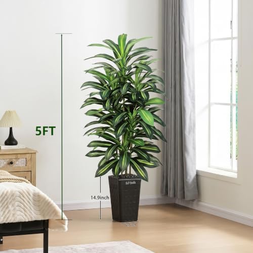 Artifical Dracaena Tree Indoor, 5FT Tall Fake Floor Plants with Black Planter & Pebbles, Fuax Silk Yucca Tree for Home Office Living Room Bedroom Farmhouse Modern Outdoor Topiary Tree - Image 5