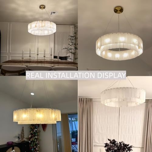 Alabaster Chandelier 31 Inch, Modern Round Chandelier for Dining Room, 12-Light 2-Tier Natural Stone Chandeliers with G9 Bulbs, Gold Spanish Alabaster Fixture for Living Room, Foyer, Bedroom - Image 6