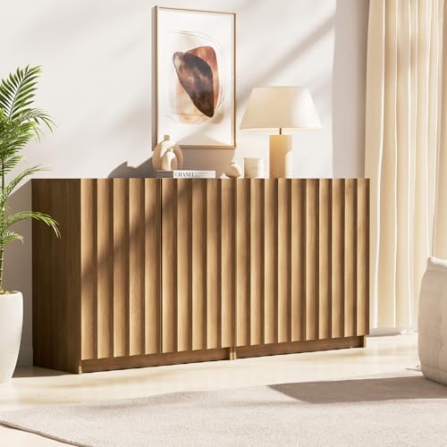 Modern Buffet Cabinet with Storage, 63" Wide Fluted Arched Sideboard Cabinet with Adjustable Shelves, Wooden Modular Coffee Bar for Dining Room, Kitchen, Living Room, Entryway, Natural by Unknown