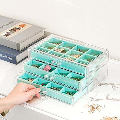 ProCase Earring Holder Organizer Jewelry Box with 3 Drawers, Aqua - Image 3