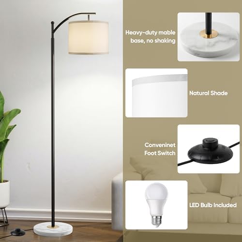 Floor Lamp for Living Room with Marble Base, Modern Standing Lamp with 3 Color Temperatures Bulb & Adjustable Linen Shade, Tall Lamp for Bedroom Office Reading Nursery - Image 5