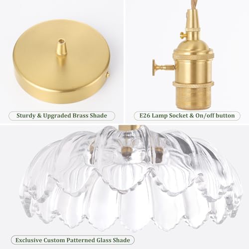 Shenmoyl Pendant Light with Clear Scindapsus Glass Lmapshade, Brass Vintage Pendant Light Adjustable Hanging Light for Kitchen Island Dining Room Hallway - Image 4
