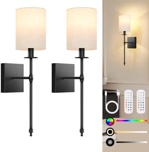 19 inch Battery Operated Wall Sconces Set of 2 with Remote, Rechargeable Wireless Wall Lights with Beige Fabric Shade, Indoor Not Hardwired Dimmable for Bedroom Living Room Decor by BestChoiceforYourLife