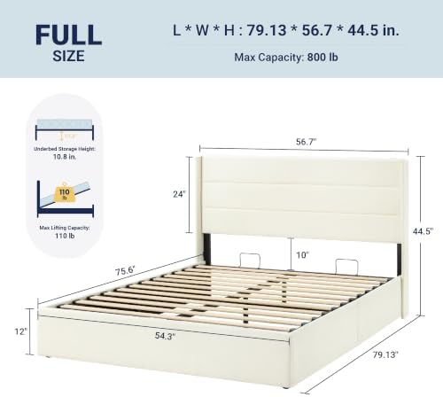 Allewie Full Size Chenille Lift Up Hydraulic Storage Bed Frame Cream White - Image 2