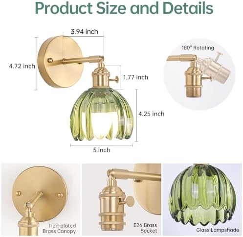 Shenmoyl Vintage Battery Operated Wall Sconce with Green Tulip Glass Lampshade Rechargeable Battery Powered Wall Light with Remote Control for Bedside Bedroom Doorway - Image 6