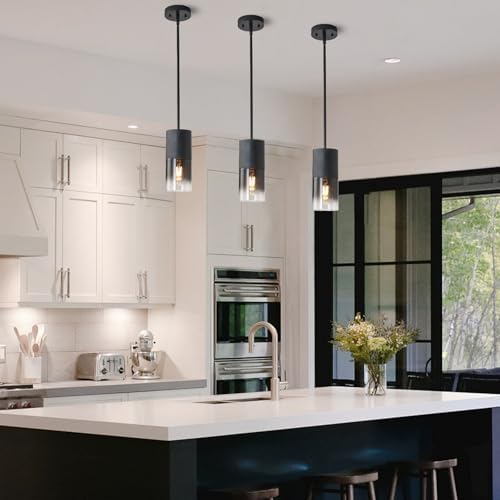 Pendant Light Fixtures, Adjustable Modern Pendant Lights for Kitchen Island, Industrial Glass Pendant Lights for Dining Table Hallway Bedroom Living Room Black 2 Packs - Image 6