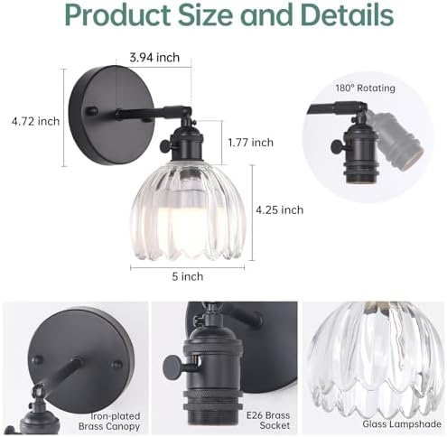 Shenmoyl Vintage Battery Operated Wall Sconce with Transparent Tulip Glass Lampshade Rechargeable Battery Powered Black Wall Light with Remote Control for Bedside Bedroom Doorway, Set of 2 - Image 6
