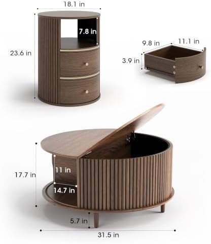 JOINICE Round Coffee Table and End Table Set,Walnut - Image 2
